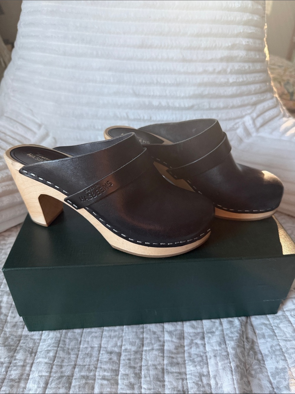Swedish Hasbeens Black Leather Slide Clogs with Natural Wood Heel